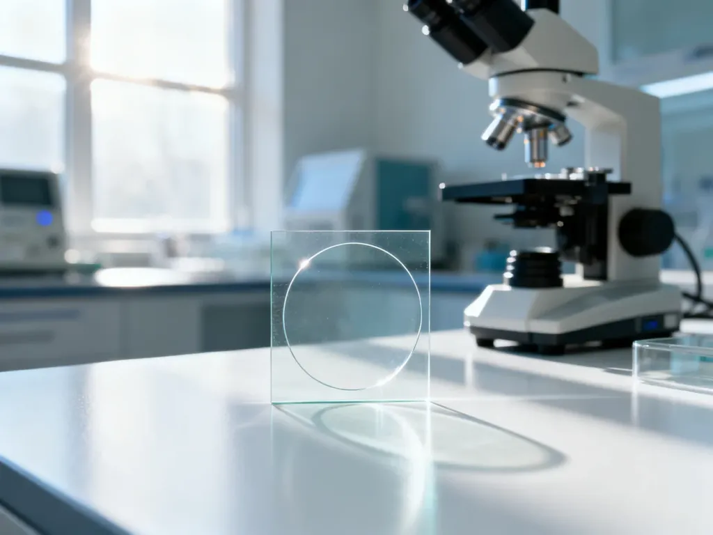 Szklane szkiełko mikroskopowe na laboratoryjnym stole, symbolizujące profesjonalną diagnostykę medyczną.