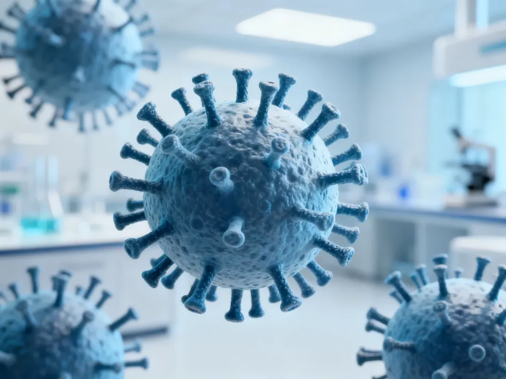 Trójwymiarowa wizualizacja wirusa HPV w sterylnym, laboratoryjnym otoczeniu, obrazująca strukturę patogenu.