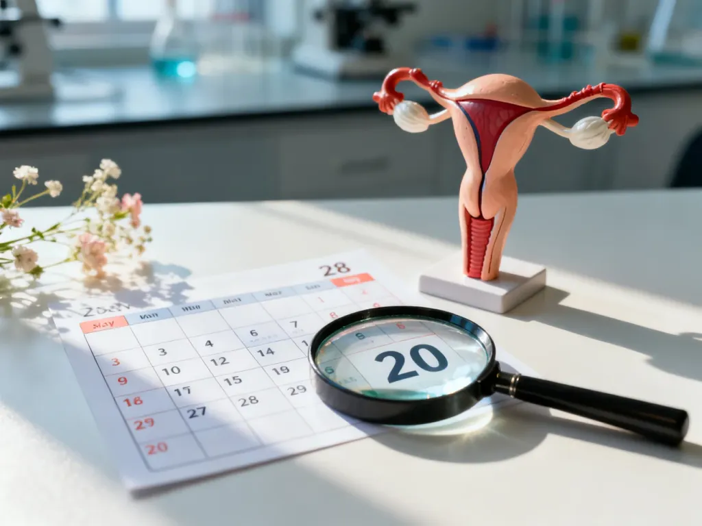 Schemat żeńskiego układu rozrodczego oraz kalendarz cyklu menstruacyjnego z lupą skupioną na 20. dniu.