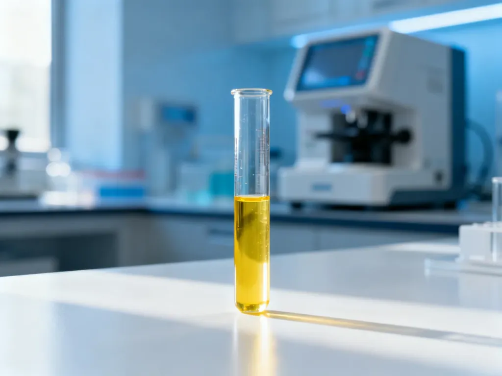 Probówka z próbką krwi na tle nowoczesnego sprzętu laboratoryjnego, gotowa do badania poziomu kwasu foliowego.