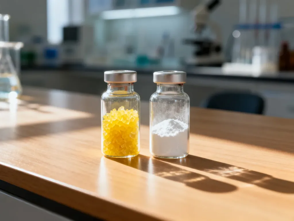Dwie szklane fiolki z żółtym i białym proszkiem na laboratoryjnym stole, obrazujące różne formy kwasu foliowego.