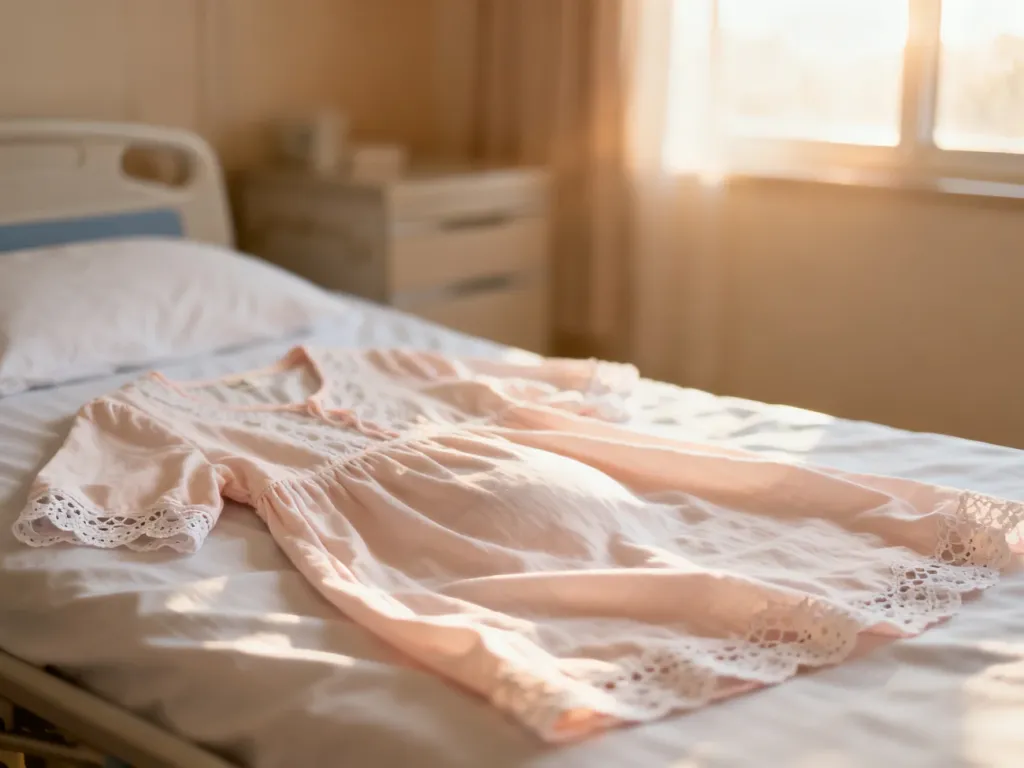 Miękka bawełniana koszula nocna z koronkowymi detalami, przygotowana na łóżku w przytulnej sali porodowej.