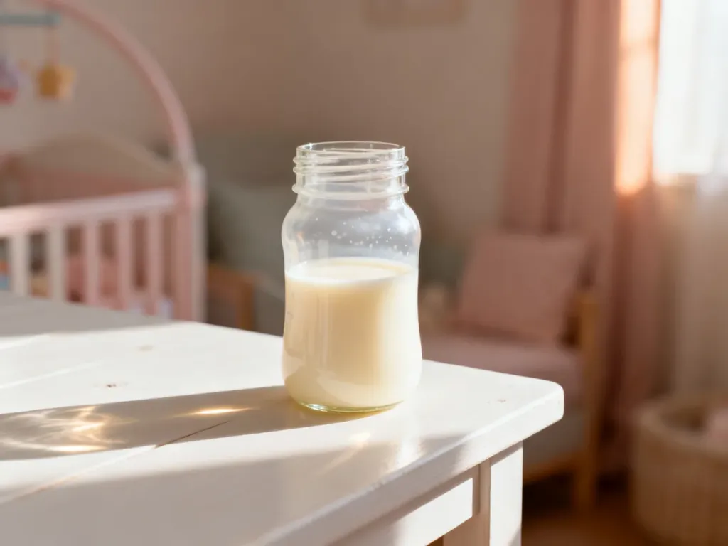 Szklana butelka z odciągniętym mlekiem matki o naturalnym, kremowym odcieniu, stojąca na jasnym drewnianym stole.