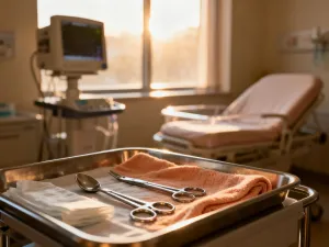 Anatomiczna ilustracja przekroju ludzkiej macicy, ukazująca jej budowę wewnętrzną, endometrium oraz więzadła.