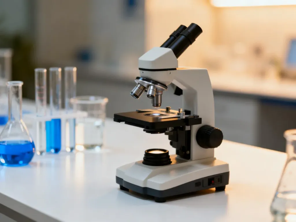 Nowoczesny mikroskop na laboratoryjnym stole, symbolizujący profesjonalną diagnostykę medyczną i badania HPV.
