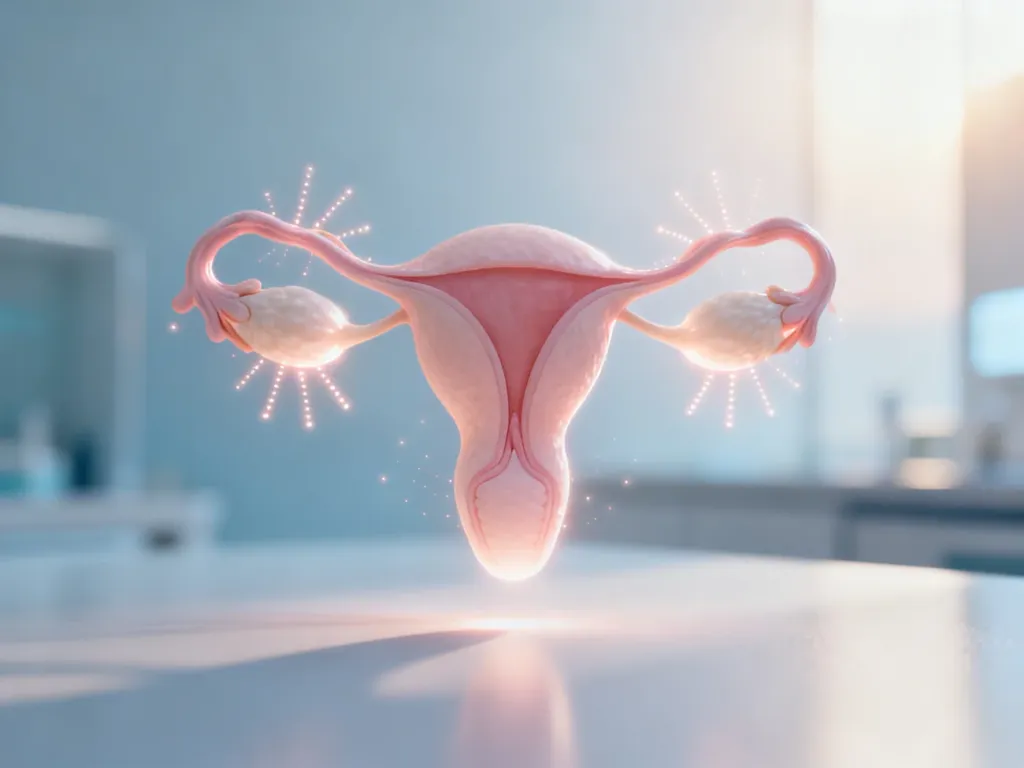 Stylizowana ilustracja jajnika z delikatnym podświetleniem, symbolizująca aktywność hormonalną układu rozrodczego.