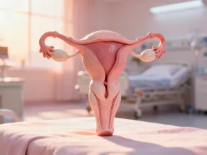 Anatomiczna ilustracja 3D przedstawiająca przekrój poprzeczny żeńskich narządów miednicy z uwzględnieniem budowy pochwy.