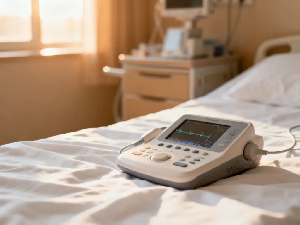 Elektroniczny monitor tętna płodu na szpitalnym łóżku w profesjonalnym i spokojnym otoczeniu oddziału położniczego.