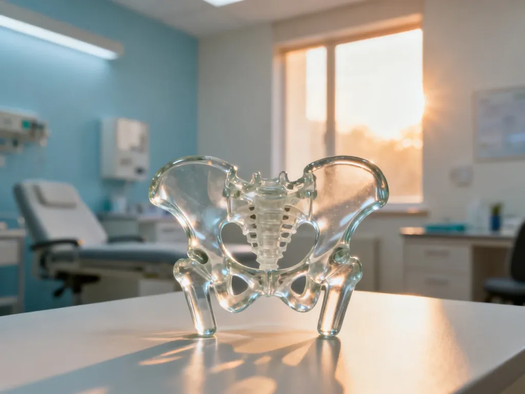 Minimalistyczny model anatomiczny miednicy w jasnym, profesjonalnym gabinecie lekarskim, symbolizujący profilaktykę zdrowotną.