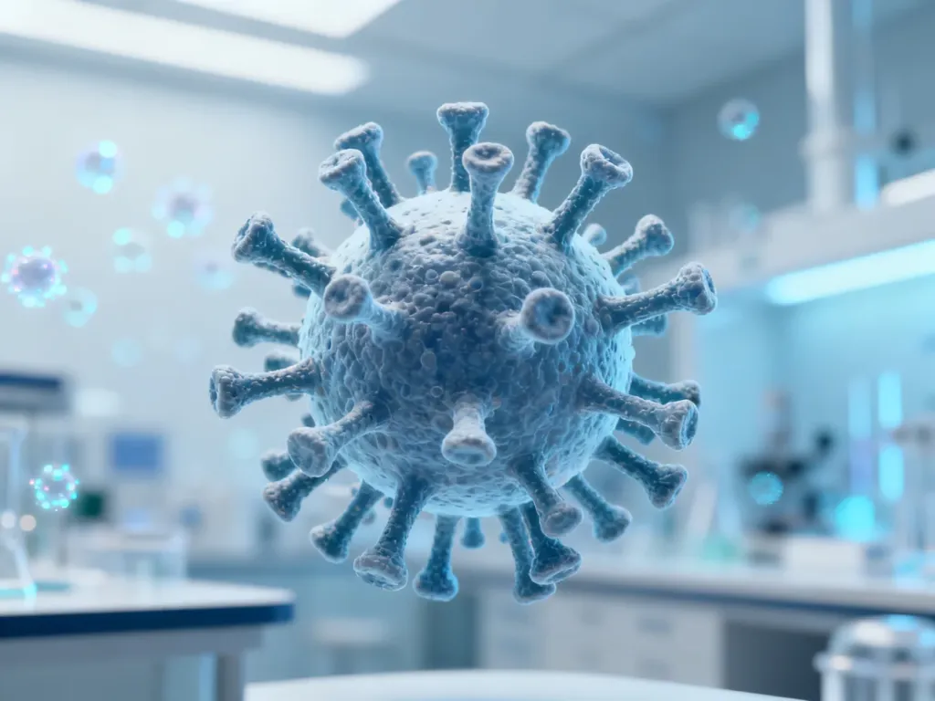 Wizualizacja 3D cząsteczki wirusa HPV w warunkach laboratoryjnych, obrazująca strukturę patogenu.