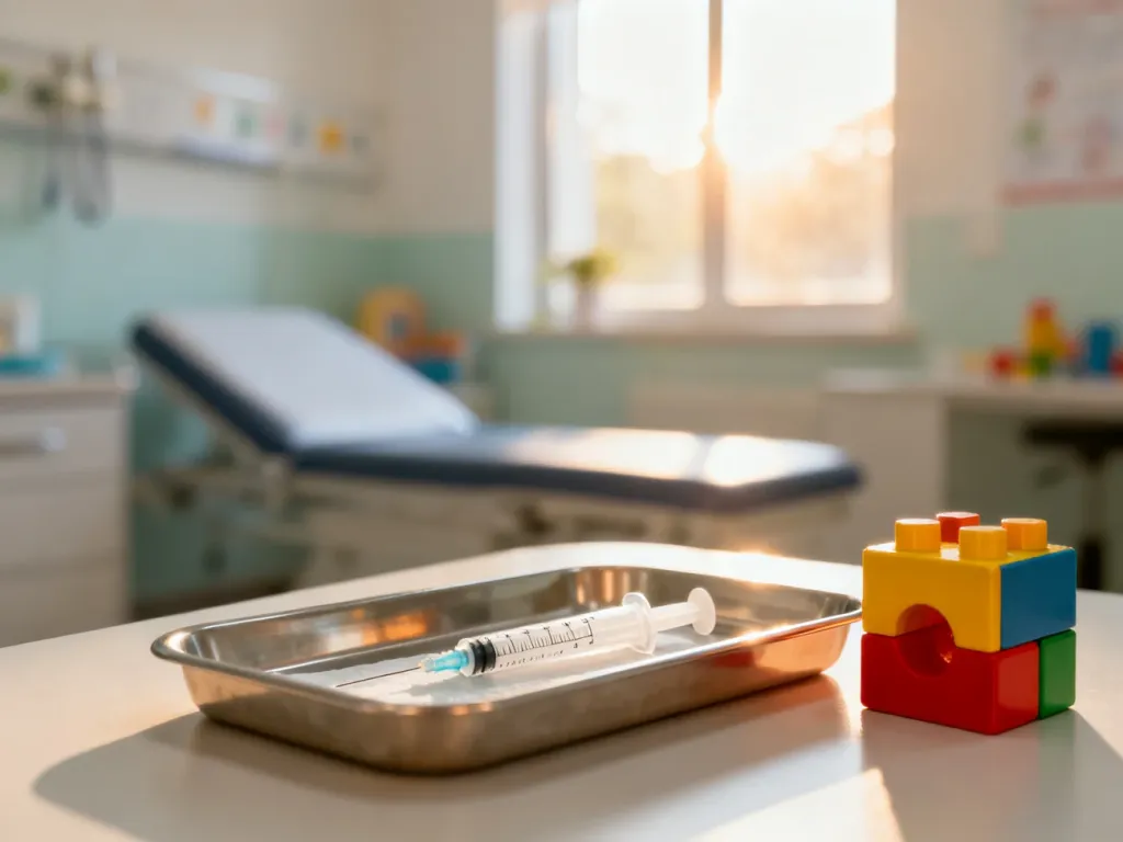 Sterylna strzykawka i dziecięca zabawka w przyjaznym gabinecie pediatrycznym, symbolizujące opiekę zdrowotną nad niemowlęciem.