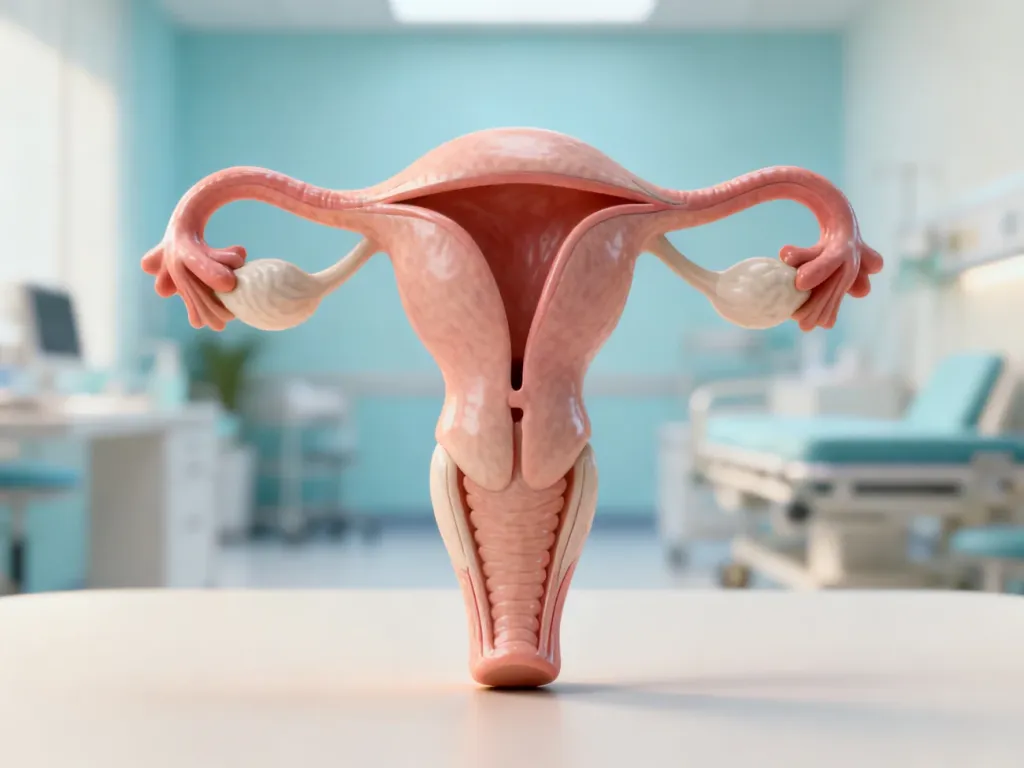 Anatomiczny model macicy po porodzie, ilustrujący proces jej prawidłowej inwolucji w profesjonalnym, medycznym ujęciu.