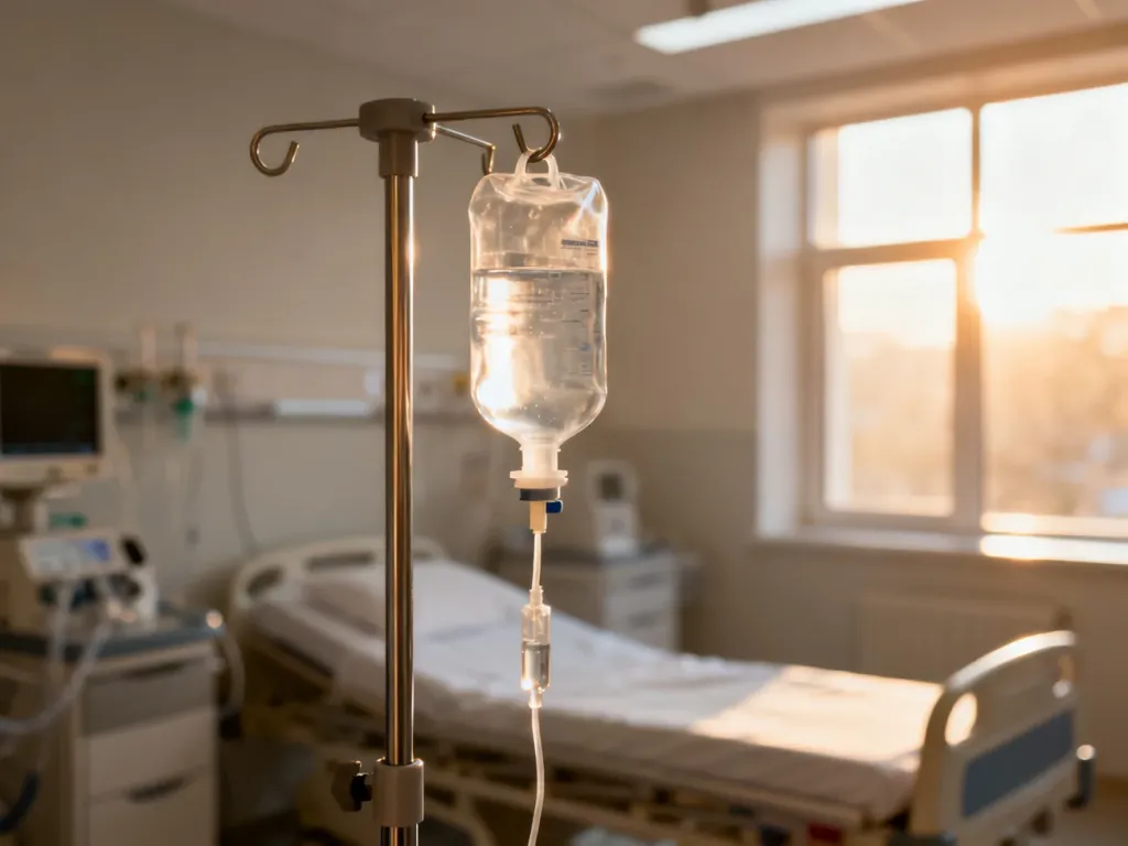 Stojak z kroplówką w nowoczesnej sali porodowej, zapewniający profesjonalną opiekę medyczną podczas wywoływania porodu.