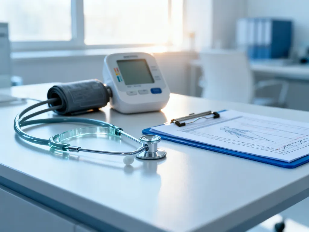 Stetoskop, ciśnieniomierz i karta zdrowia na stole w nowoczesnym gabinecie lekarskim, symbolizujące diagnostykę medyczną.