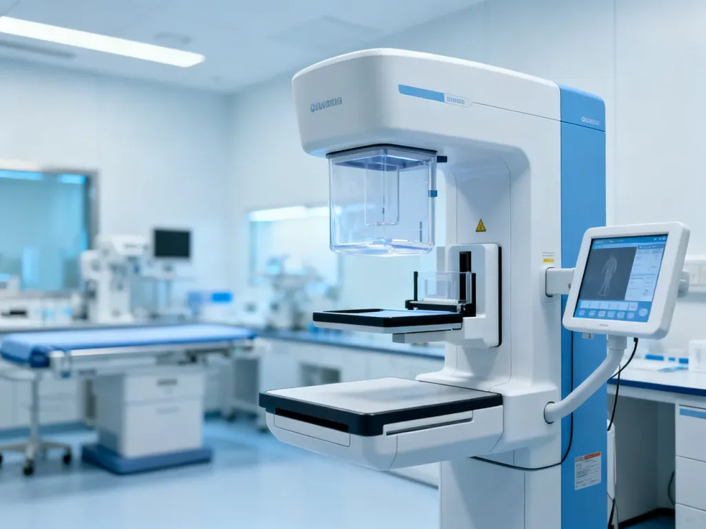 Nowoczesny aparat do mammografii w sterylnym gabinecie diagnostycznym, gotowy do badania piersi.