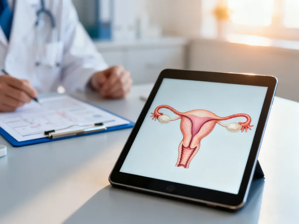 Anatomiczna ilustracja macicy wyświetlona na tablecie w nowoczesnym gabinecie lekarskim.