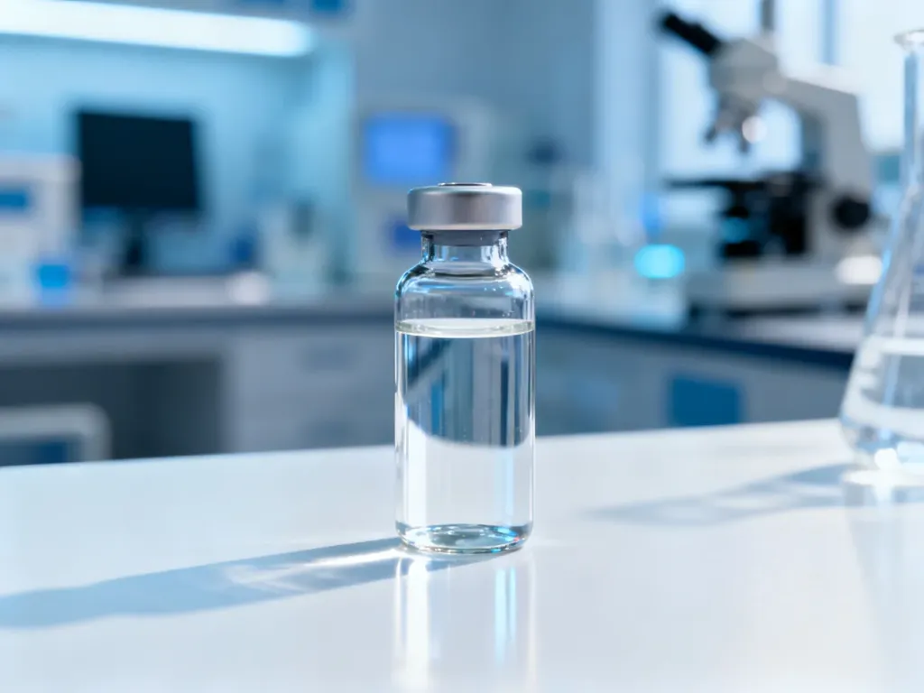 Fiolka ze szczepionką na sterylnym stole w nowoczesnym laboratorium medycznym.