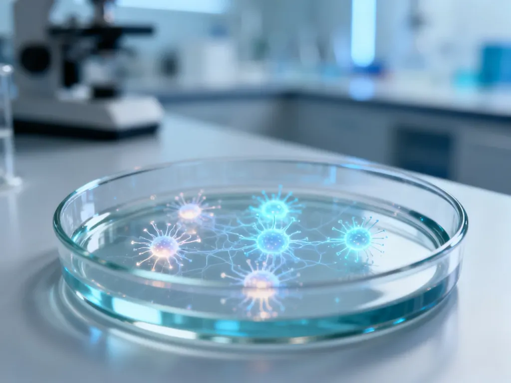 Szalka Petriego z laboratoryjnymi strukturami wirusowymi w sterylnym otoczeniu, ilustrująca temat transmisji wirusa HPV.