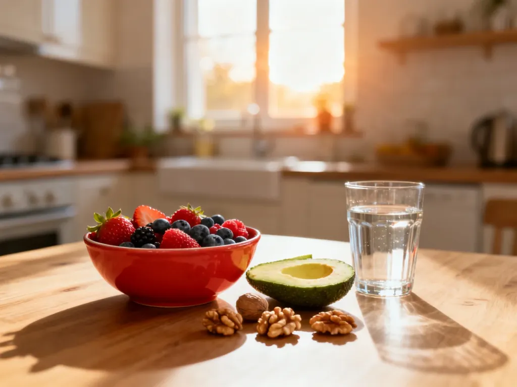 Zdrowe produkty, takie jak owoce jagodowe, awokado i orzechy, ułożone na drewnianym stole w słonecznej kuchni.