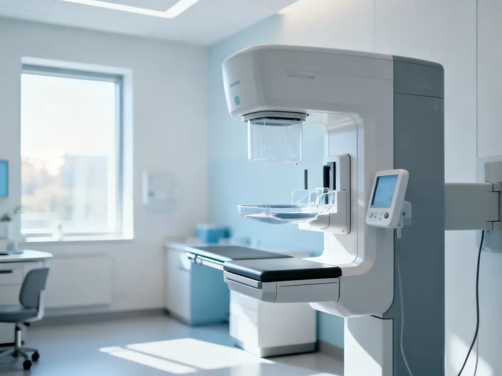 Nowoczesny aparat do mammografii w jasnym, sterylnym gabinecie lekarskim przygotowanym do badania.