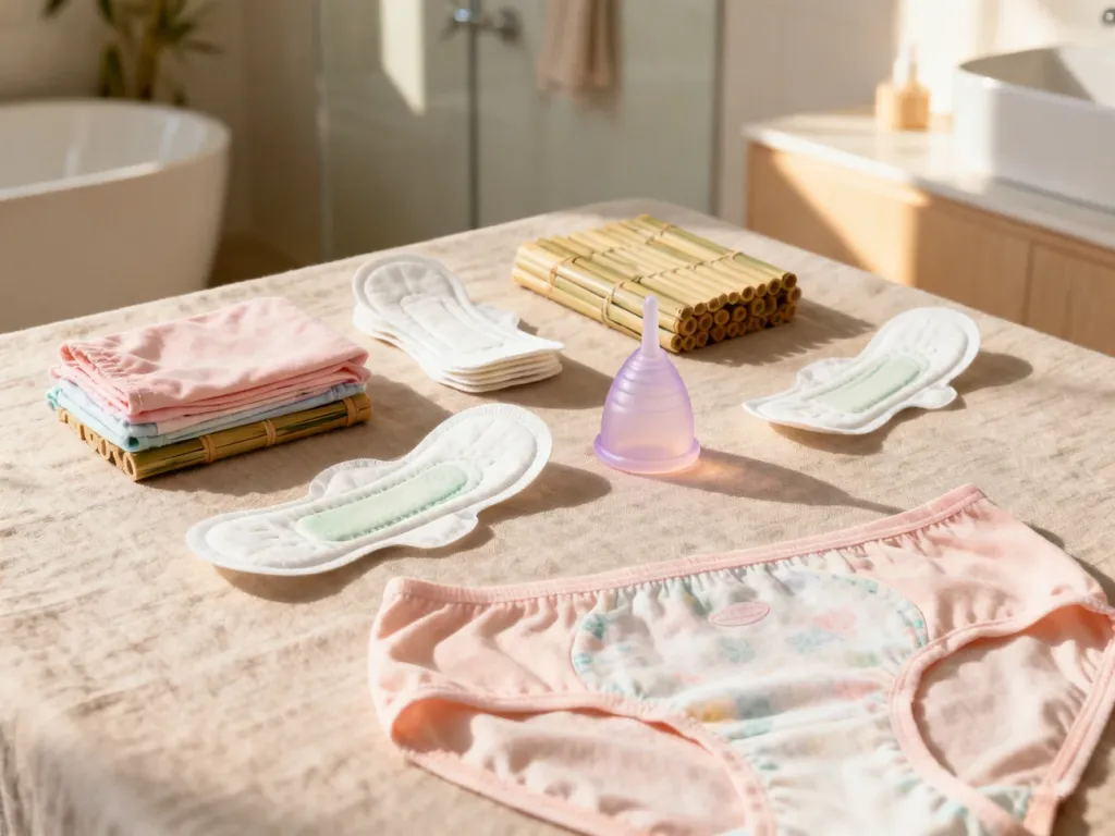 Różnorodne nowoczesne produkty menstruacyjne, w tym kubeczek, podpaski bambusowe i bielizna chłonna, ułożone na tkaninie.