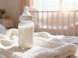 Bawełniana ściereczka i szklaneczka z mlekiem matki na drewnianym stole w przytulnym pokoju dziecięcym.