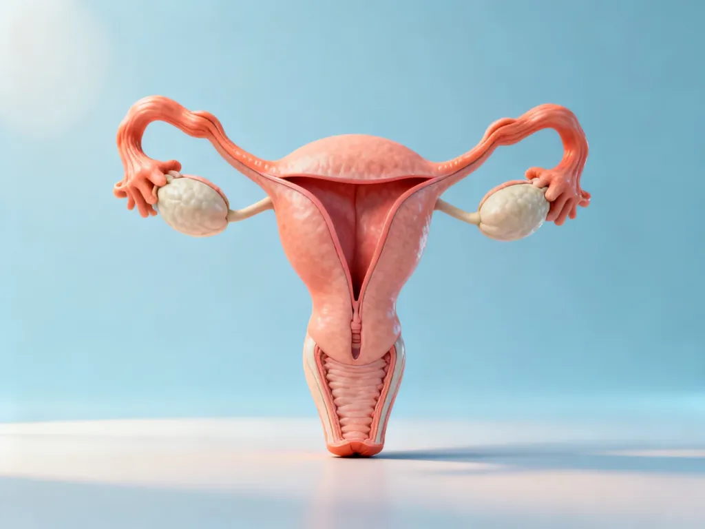 Trójwymiarowy model anatomiczny żeńskiego układu rozrodczego, ze szczególnym uwzględnieniem jajników i jajowodów.