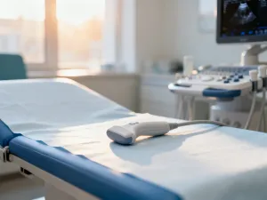 Ekran aparatu USG pokazujący wyraźny obraz płodu w nowoczesnym gabinecie lekarskim.