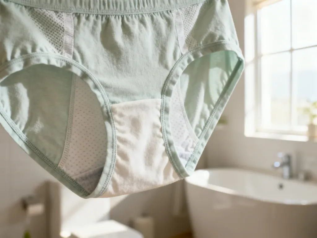 Zbliżenie na nowoczesną, oddychającą tkaninę szortów menstruacyjnych w jasnym, minimalistycznym wnętrzu łazienki.