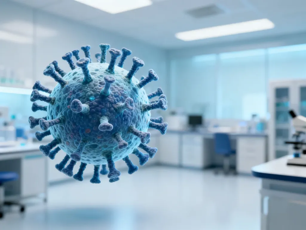 Wizualizacja cząsteczki wirusa HPV w sterylnym środowisku laboratoryjnym, obrazująca strukturę patogenu.
