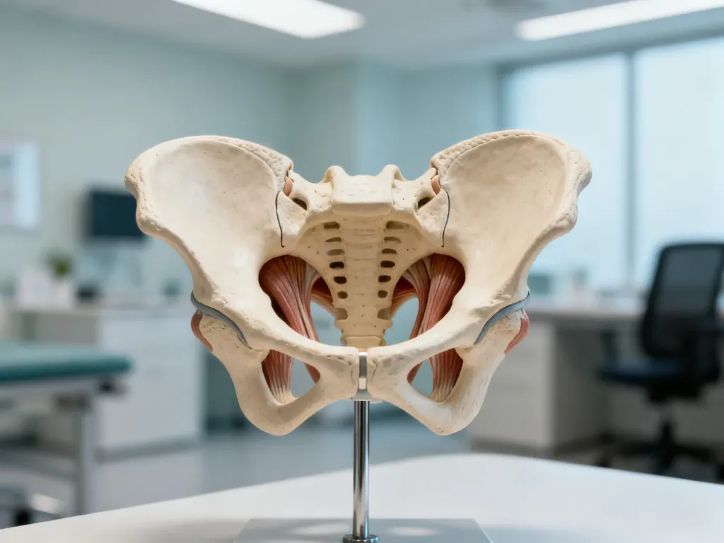Anatomiczny model mięśni dna miednicy w gabinecie lekarskim, ilustrujący budowę anatomiczną okolic intymnych.