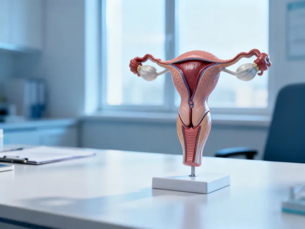Anatomiczny model żeńskich narządów rozrodczych na biurku w gabinecie lekarskim, ilustrujący diagnostykę torbieli jajników.