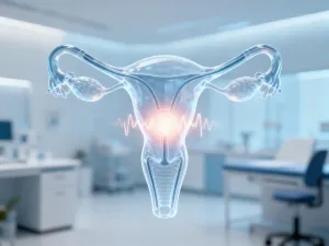 Anatomiczna ilustracja żeńskiego układu rozrodczego z wyraźnie zaznaczonymi jajnikami i jajowodami.