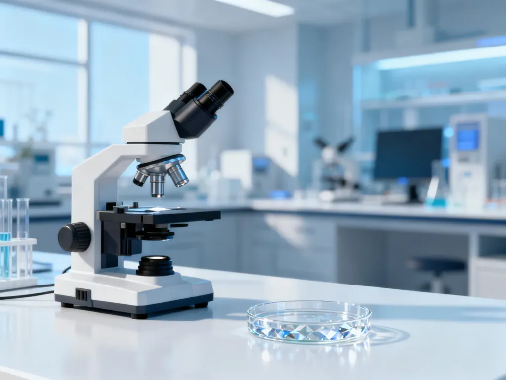 Profesjonalny mikroskop i szalka Petriego na stole laboratoryjnym, symbolizujące diagnostykę medyczną.