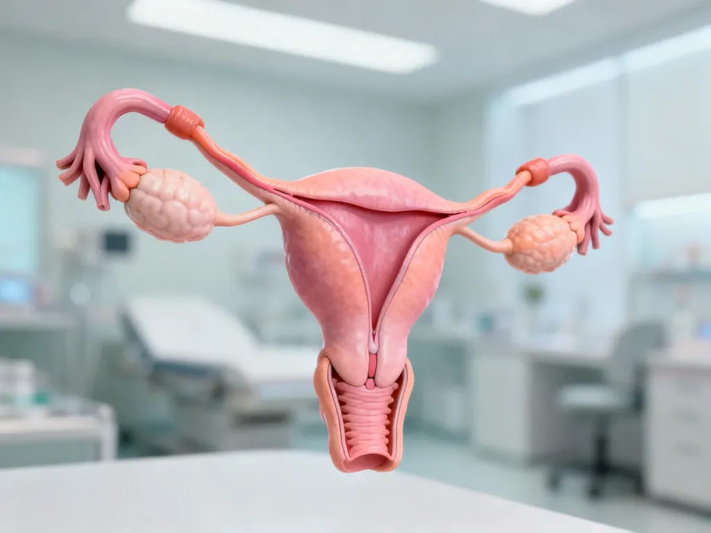 Anatomiczna ilustracja żeńskiego układu rozrodczego z wyraźnie zaznaczonymi jajnikami i jajowodami.
