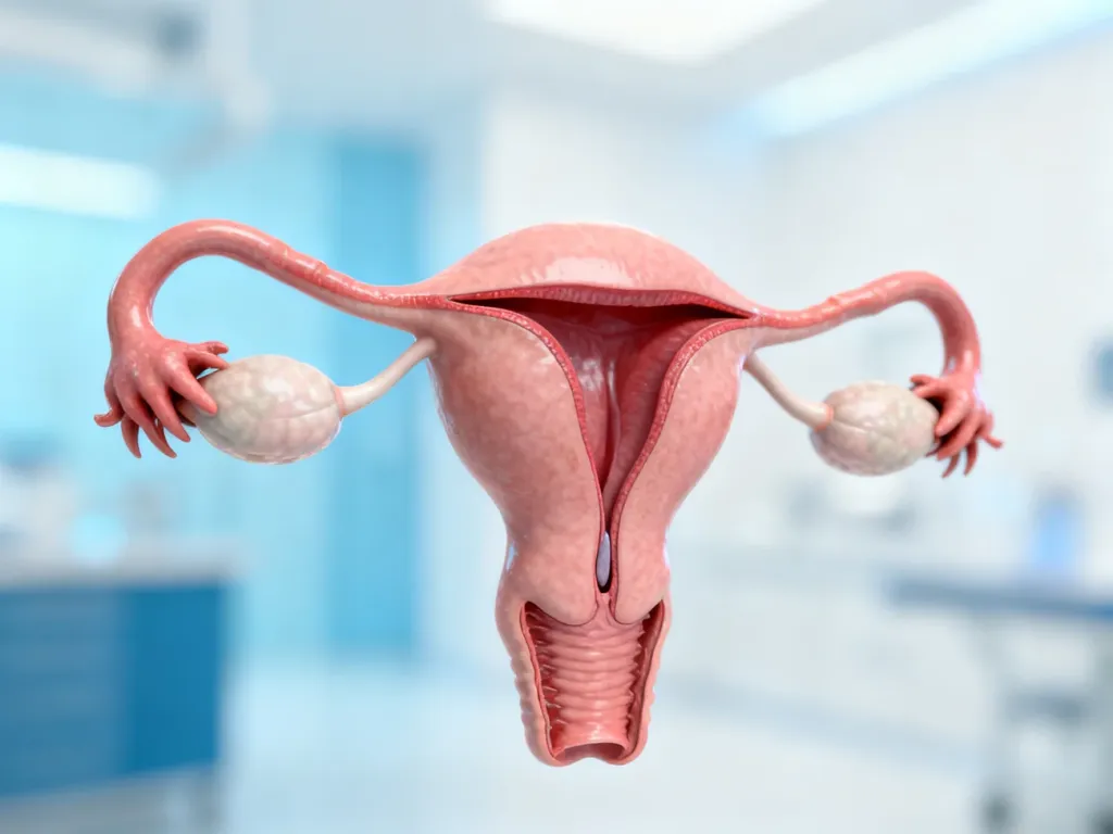 Ilustracja medyczna przedstawiająca żeński układ rozrodczy, w tym macicę oraz jajniki w profesjonalnym ujęciu anatomicznym.