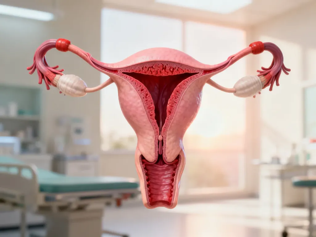 Anatomiczna ilustracja przekroju ludzkiej macicy, ukazująca jej budowę wewnętrzną, endometrium oraz więzadła.