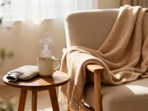 Przytulny pokój dziecięcy o zmierzchu z kołyską i delikatnym oświetleniem, tworzący atmosferę spokoju i ukojenia.