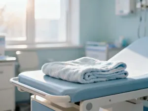 Stetoskop na marmurowym blacie obok szklanki wody i rośliny, symbolizujący dbałość o zdrowie i profilaktykę kobiet.