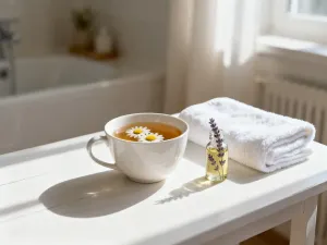 Szklanka wody, naturalne suplementy w miseczce i gałązka lawendy symbolizujące wsparcie równowagi hormonalnej w menopauzie.