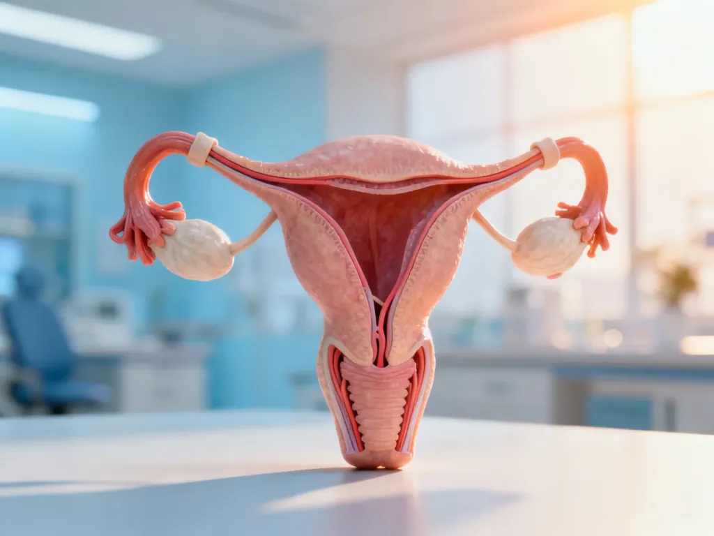 Medyczna ilustracja kobiecej miednicy z uwidocznioną macicą i więzadłami, wyjaśniająca anatomię w czasie ciąży.