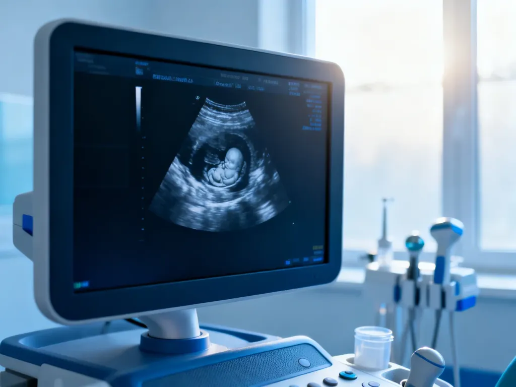 Nowoczesny aparat USG w gabinecie lekarskim z widocznym na ekranie obrazem płodu podczas badania prenatalnego.