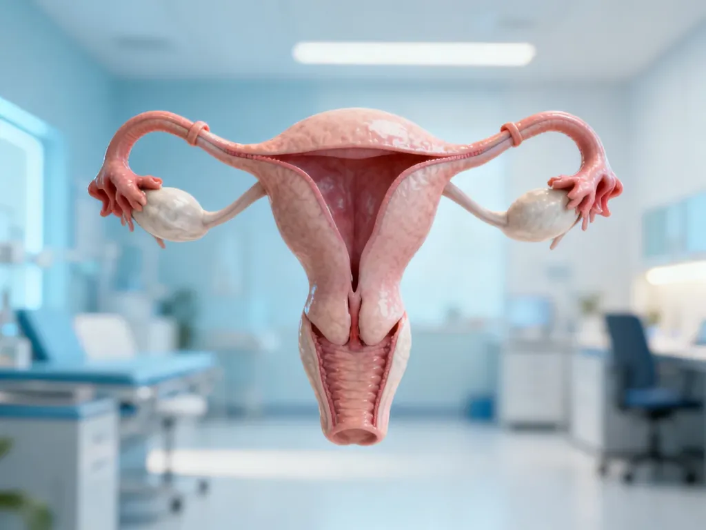 Schematyczna ilustracja medyczna przedstawiająca budowę anatomiczną macicy dwurożnej w profesjonalnej estetyce.