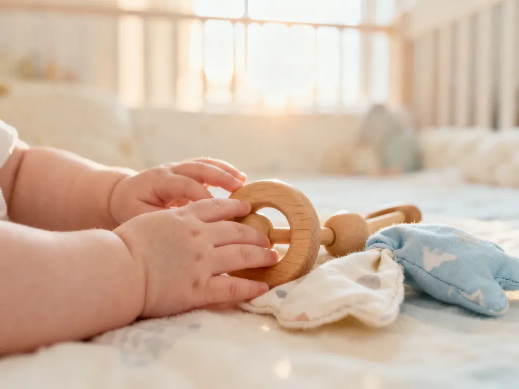 Niemowlę dotyka drewnianej zabawki i miękkich materiałów, rozwijając zmysł dotyku w przytulnym, słonecznym pokoju.