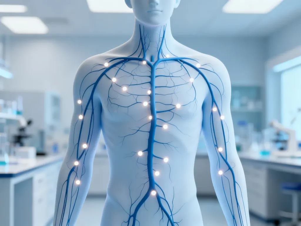 Schematyczna ilustracja układu limfatycznego w ludzkim tułowiu, podkreślająca znaczenie węzłów chłonnych w diagnostyce medycznej.