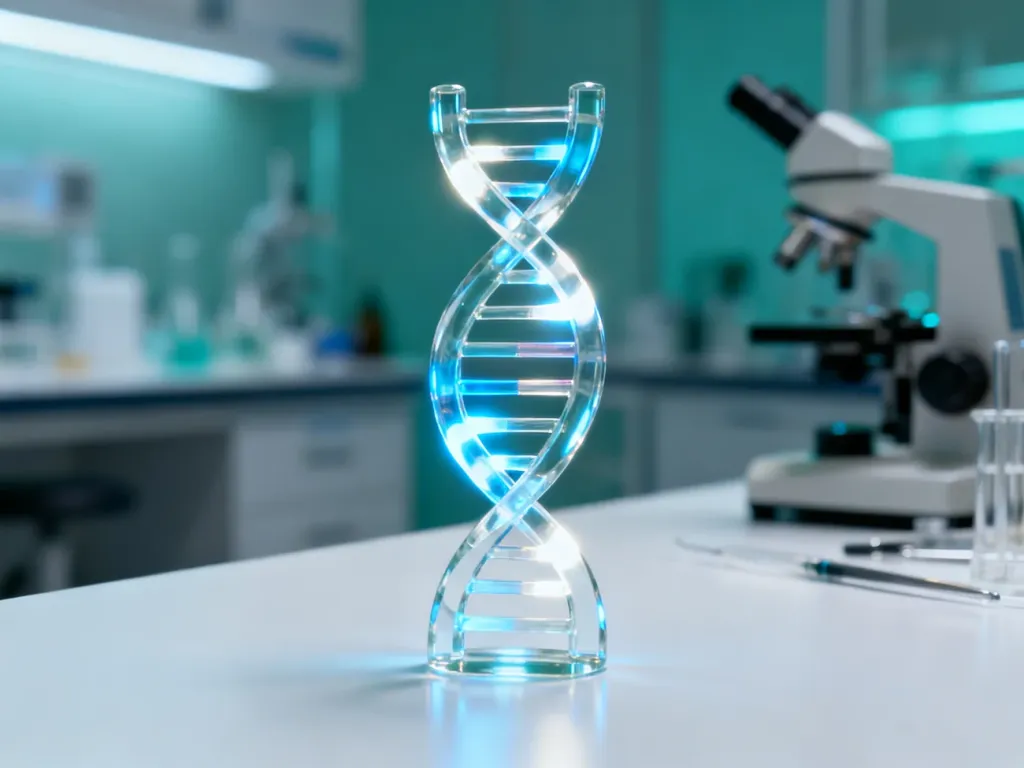 Szklany model helisy DNA podświetlony na niebiesko, symbolizujący nowoczesną diagnostykę genetyczną raka piersi.