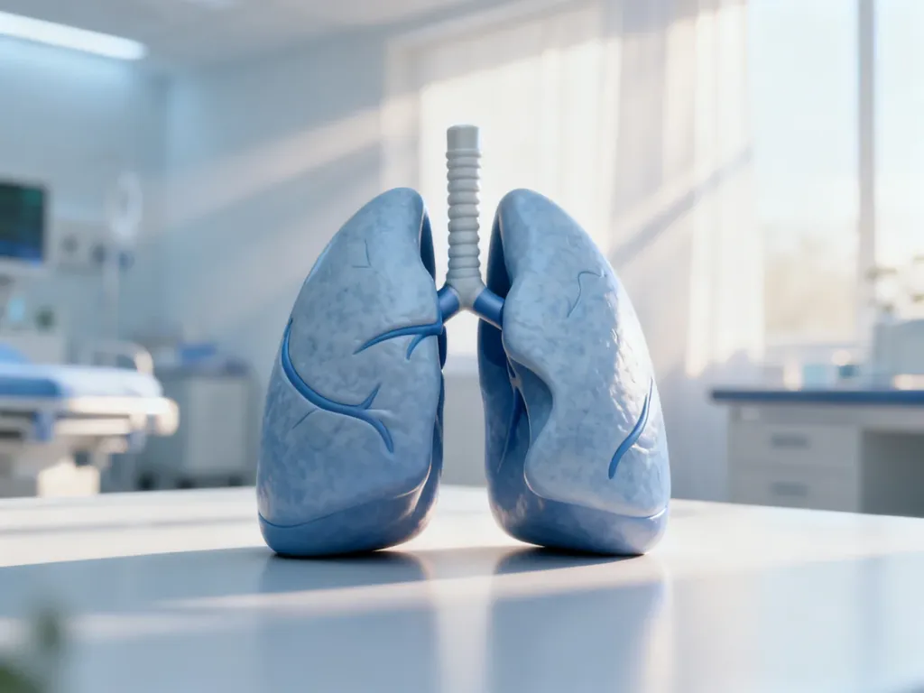 Anatomiczny model płuc w sterylnym, medycznym otoczeniu, symbolizujący diagnostykę i opiekę nad zdrowiem układu oddechowego.