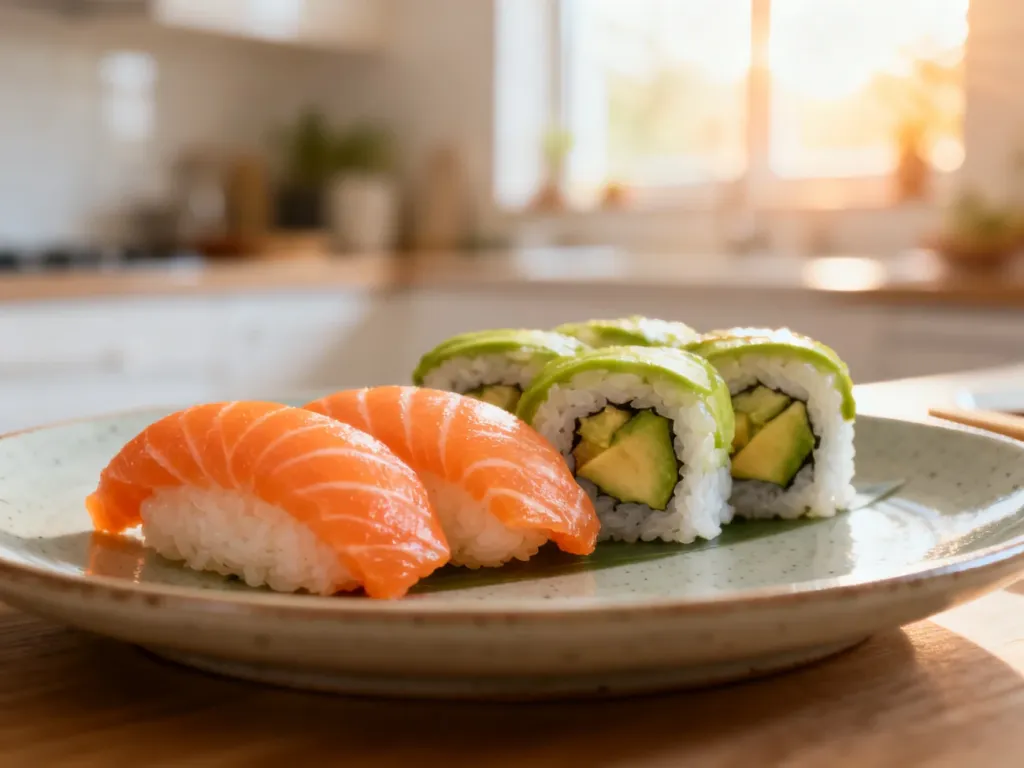 Świeży zestaw sushi z łososiem i awokado na minimalistycznym talerzu w jasnej kuchni.