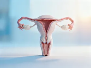 Anatomiczna ilustracja macicy z widocznymi zmianami w postaci mięśniaków, utrzymana w profesjonalnej, medycznej stylistyce.