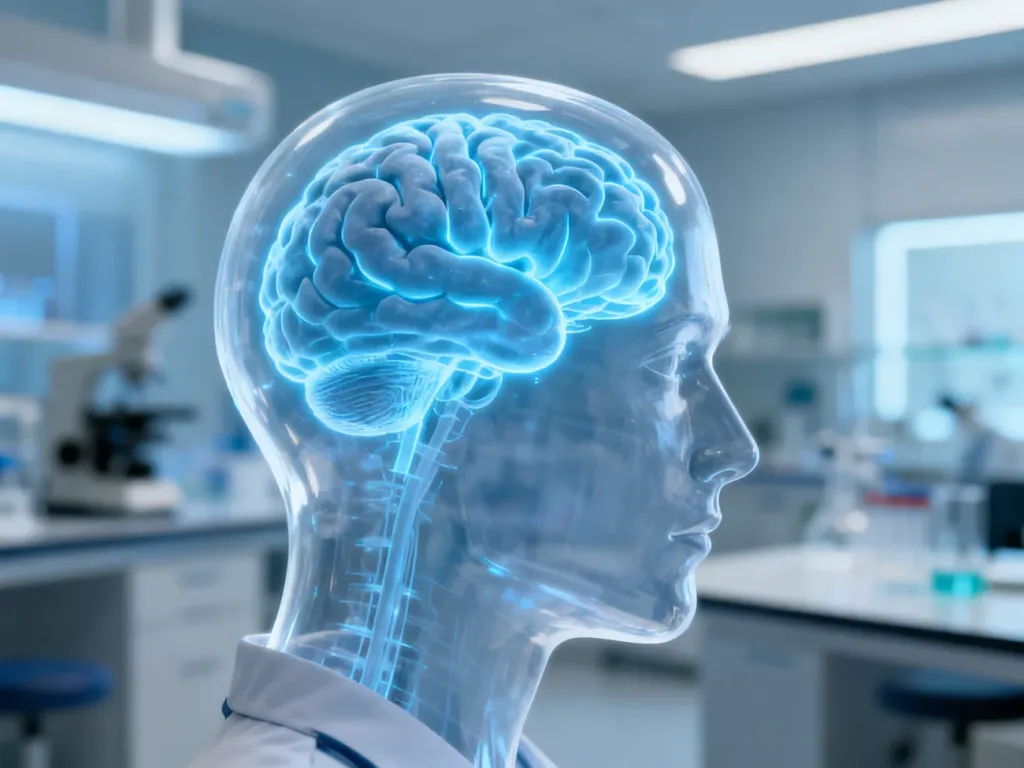 Stylizowany model ludzkiego mózgu wewnątrz przezroczystej sylwetki głowy, symbolizujący diagnostykę neurologiczną.